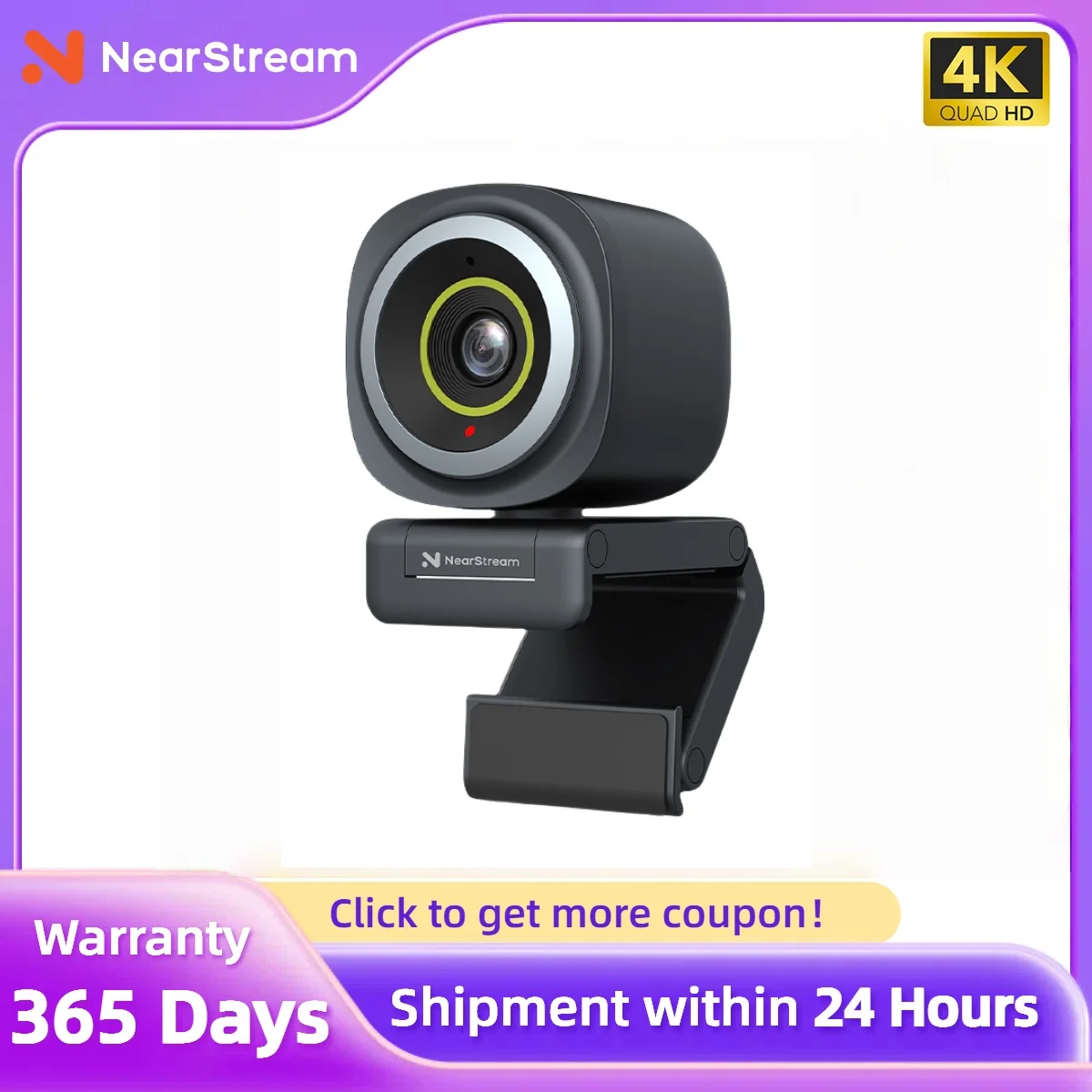 Nearstream 4K Webcam HDR 1080P@60FPS Noise Canceling Mic 45°-95°Adjustable FOV Auto Focus AI Framing for PC