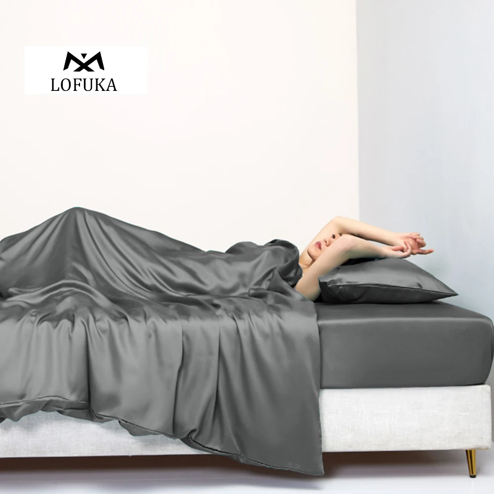 Lofuka Dark Gray 100% Silk Bedding Set 6A Grade Duvet Cover Queen King Flat Sheet Fitted Sheet Set Pillowcase Bed Linen Sets