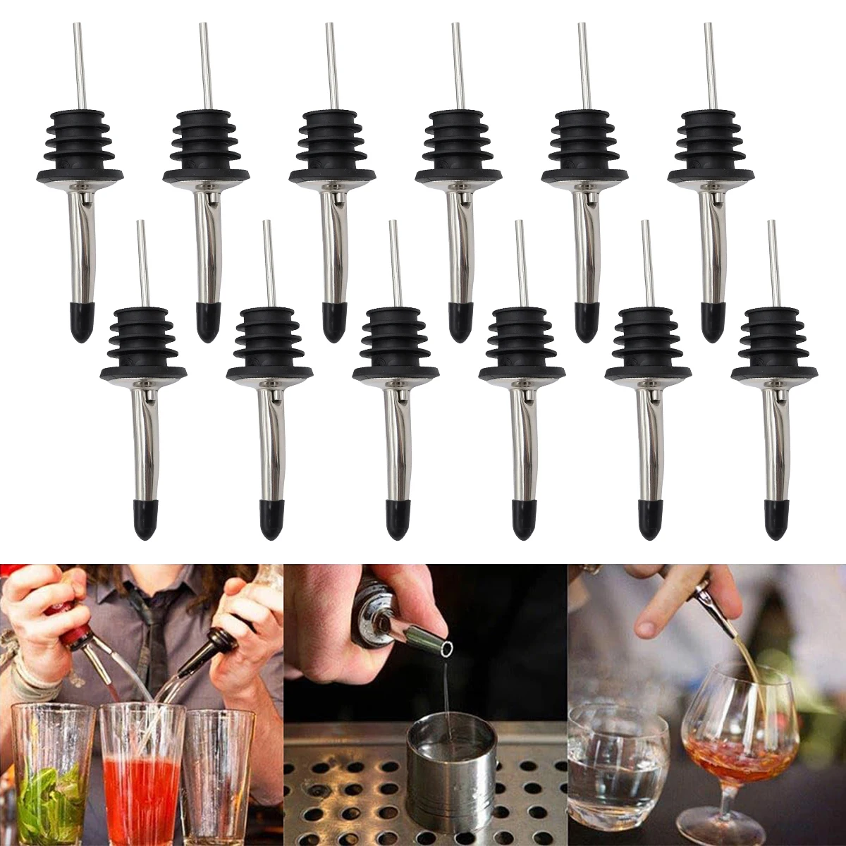 12 Pcs Stainless Steel Wine Olive Oil Pourer Dispenser Spout Glass Bottle Pourer Cap Spout Stopper Mouth Dispenser Bartender