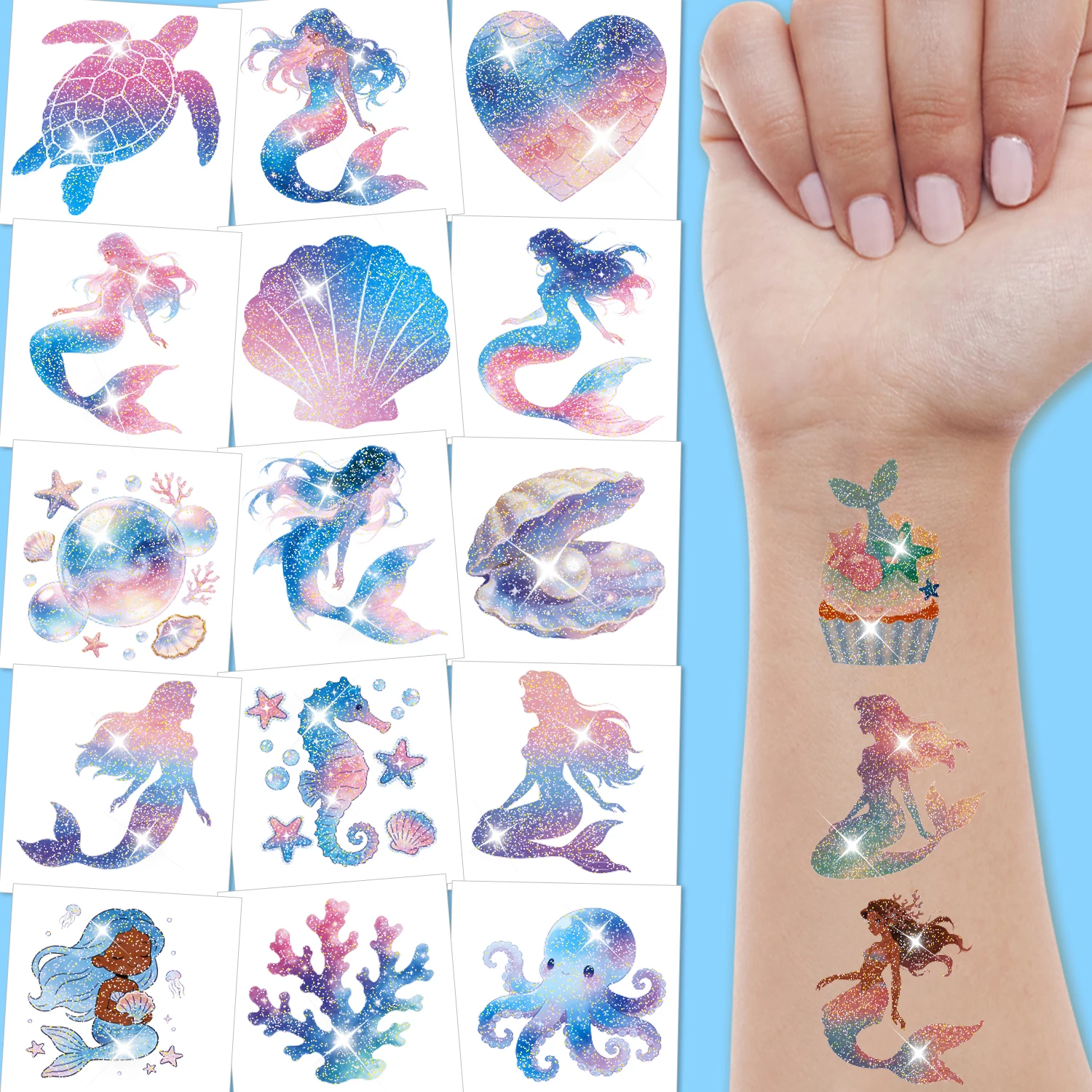108PCS Glitter Mermaid Pre-Cut Temporary Tattoos - Cute Under the Sea Party Favors, Perfect for Ocean Mermaid-Themed Birthdays