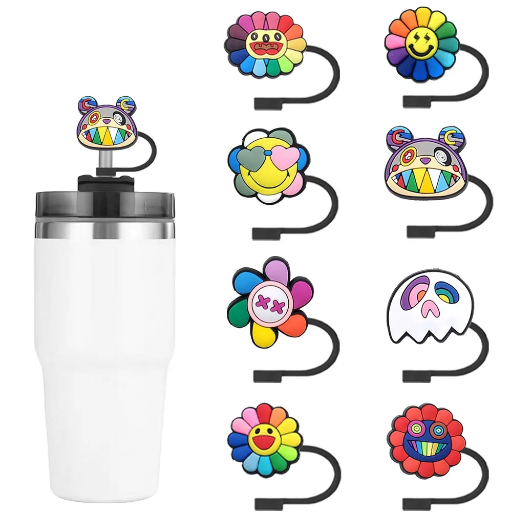 

1-8pcs Cute cartoon Sunflower straw cap Cartoon 10MM drinking straw plug reusable spillproof drinking cup straw cap pendant