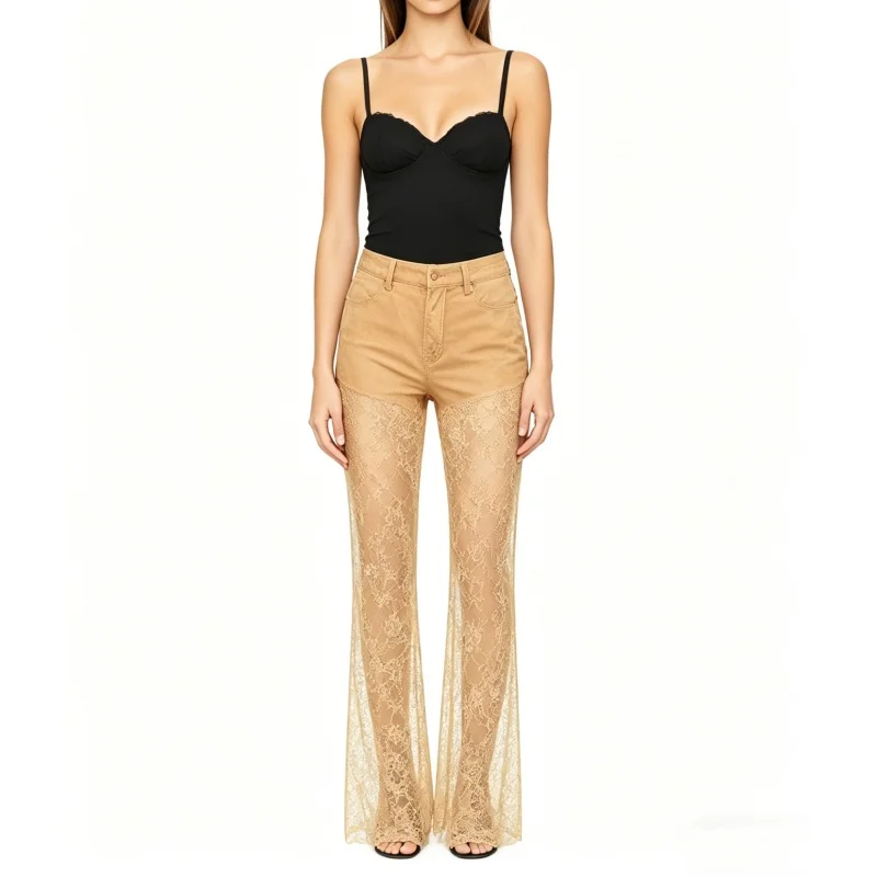 2026 Spring/Summer New High-Quality Lace Hollow-Out Sexy Women's Floor-Length Pants Fashionable Mid-Waist Semi-Sheer Flare Pants