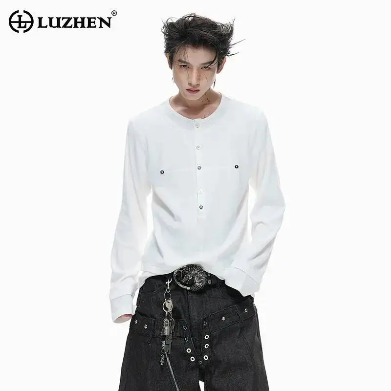 LUZHEN Sleeve Solid 2026 Buttoned Decorate Long Spring Color New T-shirts Men's Fashion Handsome Round Neck Casual Tops JY7746