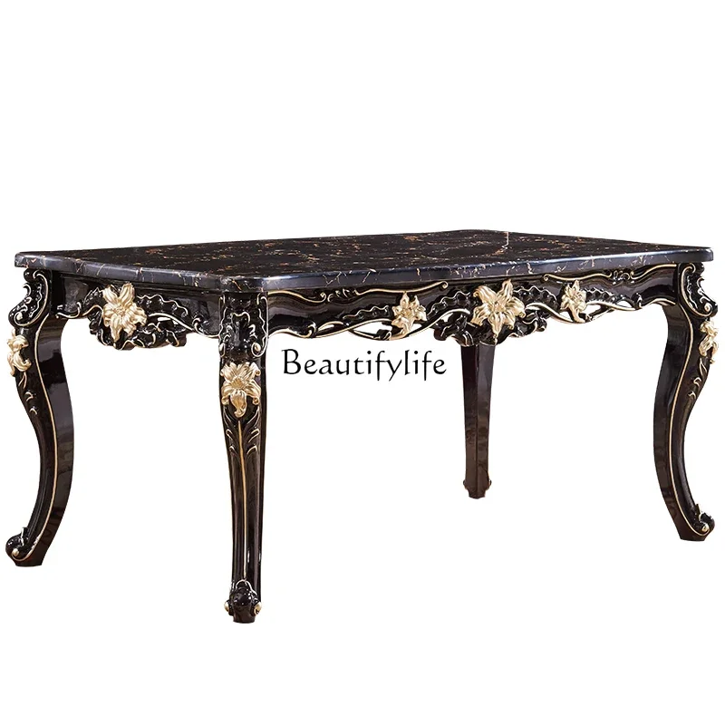 

FG44European marble dining table rectangular square table full solid wood carving flower American neoclassical ebony