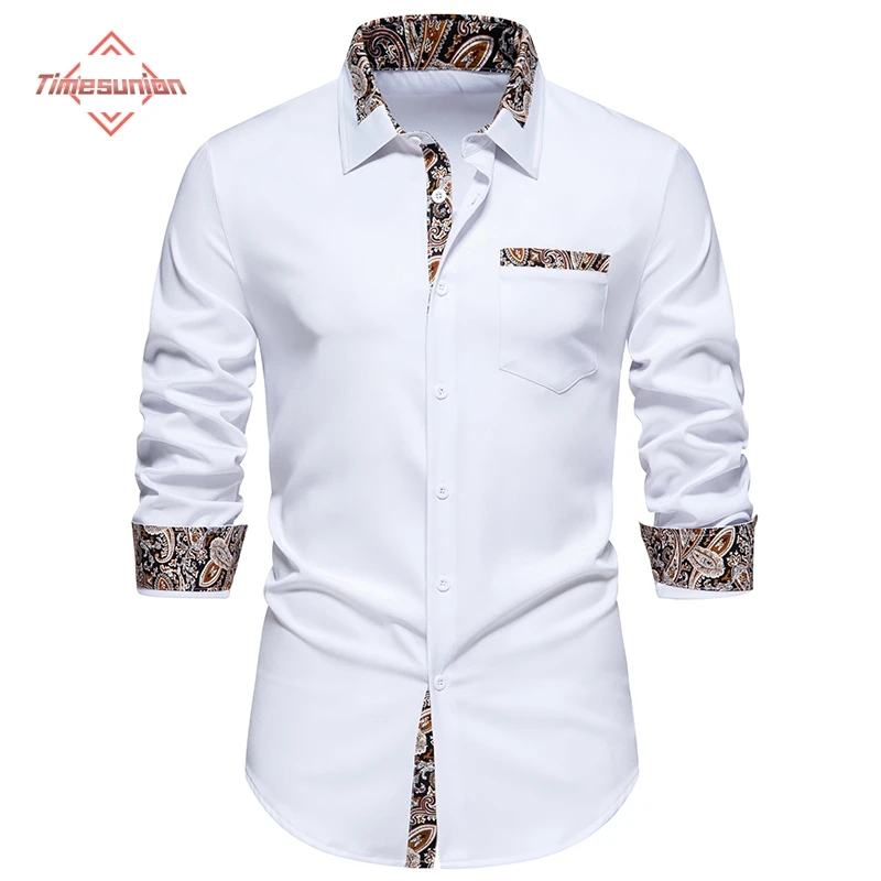 

Cashew Flower Color Block White Shirt Men 2024 Spring New Slim Fit Long Sleeve Mens Dress Shirts Party Casual Male Social Shirt