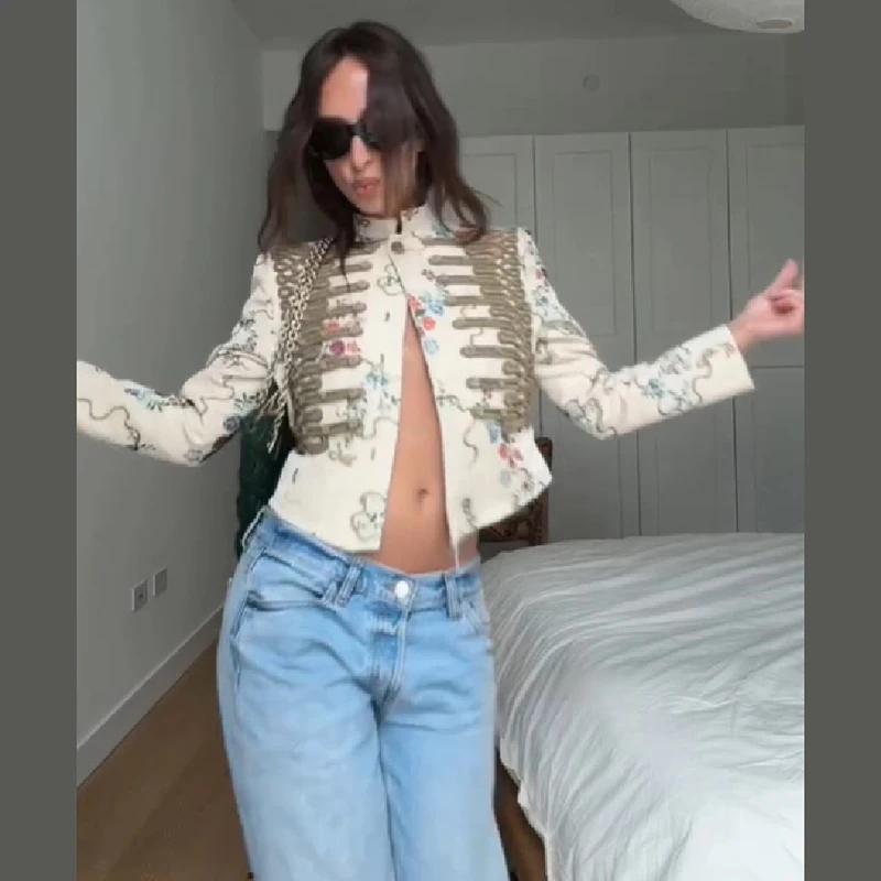 Vintage Floral Printed Cropped Military Jacket Women Stand Neck Braid Embellished Short Coat Royal Style Outerwear Street Blazer