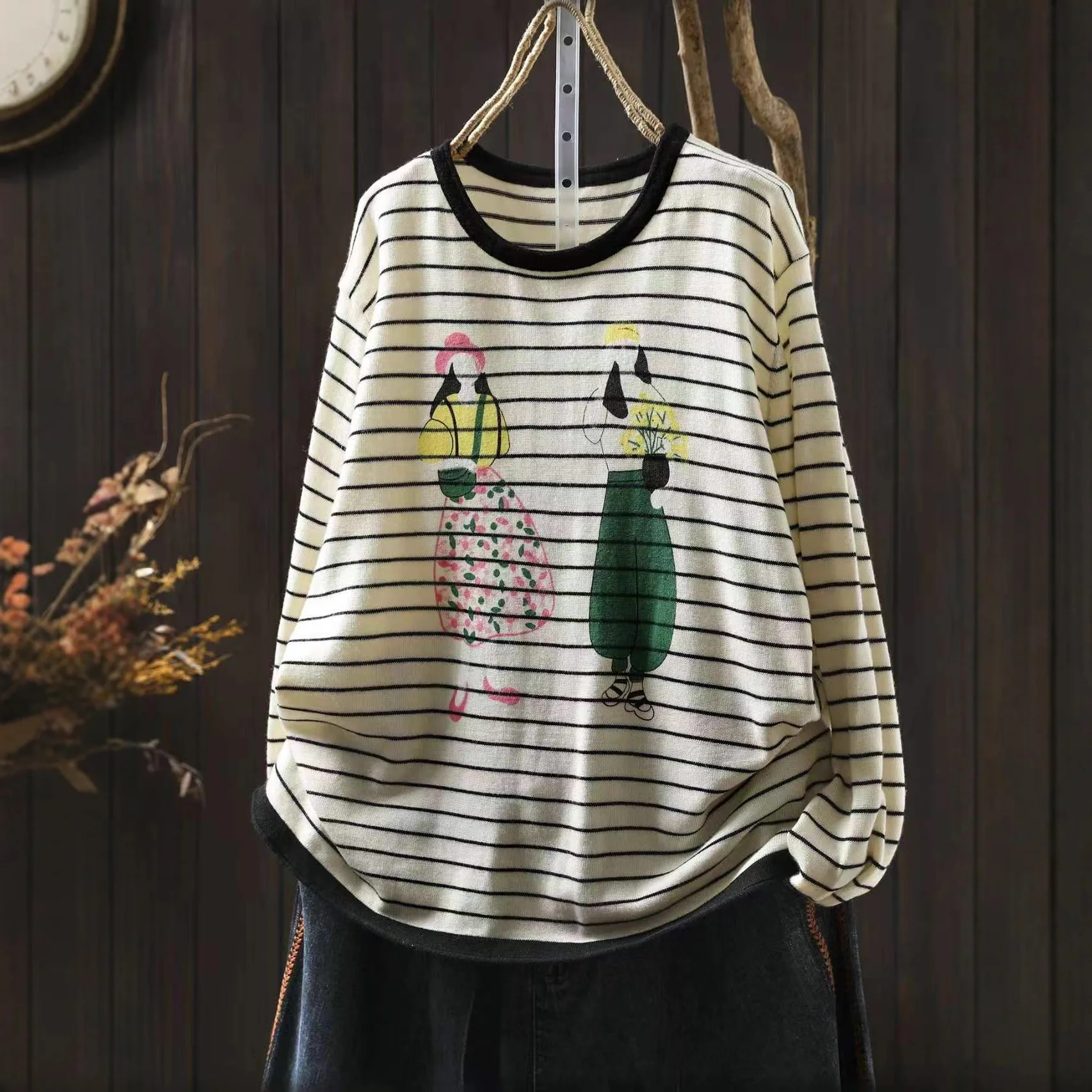 المرأة القطن متماسكة البلوز بأكمام طويلة مخطط الكرتون نمط فضفاض مريح اللون سترة ملابس كاجوال الإناث #1