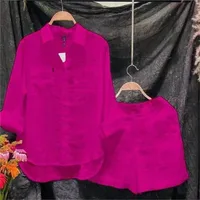 Ensemble d'été 2 pièces en coton et lin pour femmes, chemise et short blancs à manches longues, à la mode, pour la maison, survêtement, 2024 4