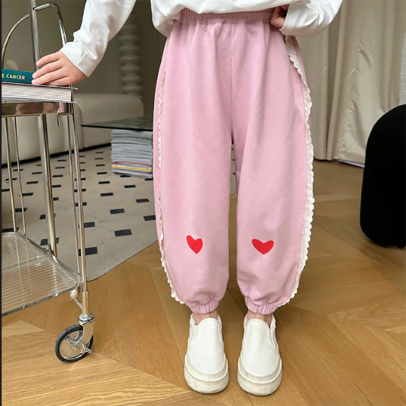 2024 New Girls' Spring Dress Lace Love Casual Pants Western Fashion Children's Wear Girl Baby Sports Pants Trend