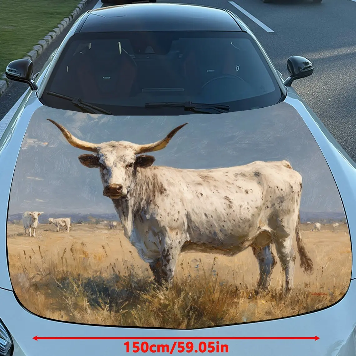 Car Decals Long - Horned Cattle in Grassland Car Hood Sticker, Waterproof Self - Adhesive Vinyl Graphics Decals, Decorative Prot