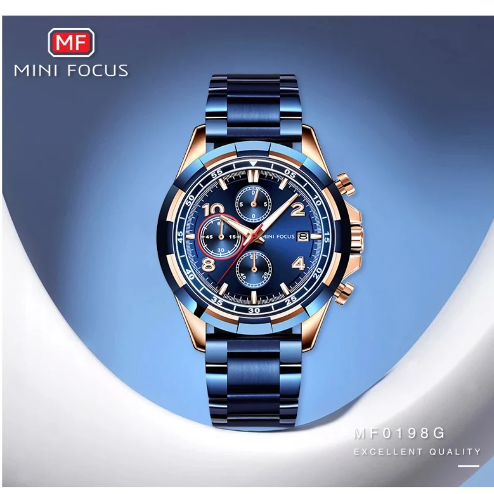 

MINI FOCUS 0198, мужские роскошные часы из нержавеющей стали, деловые многофункциональные часы с хронографом и календарем, кварцевые часы для мужчин, Reloj