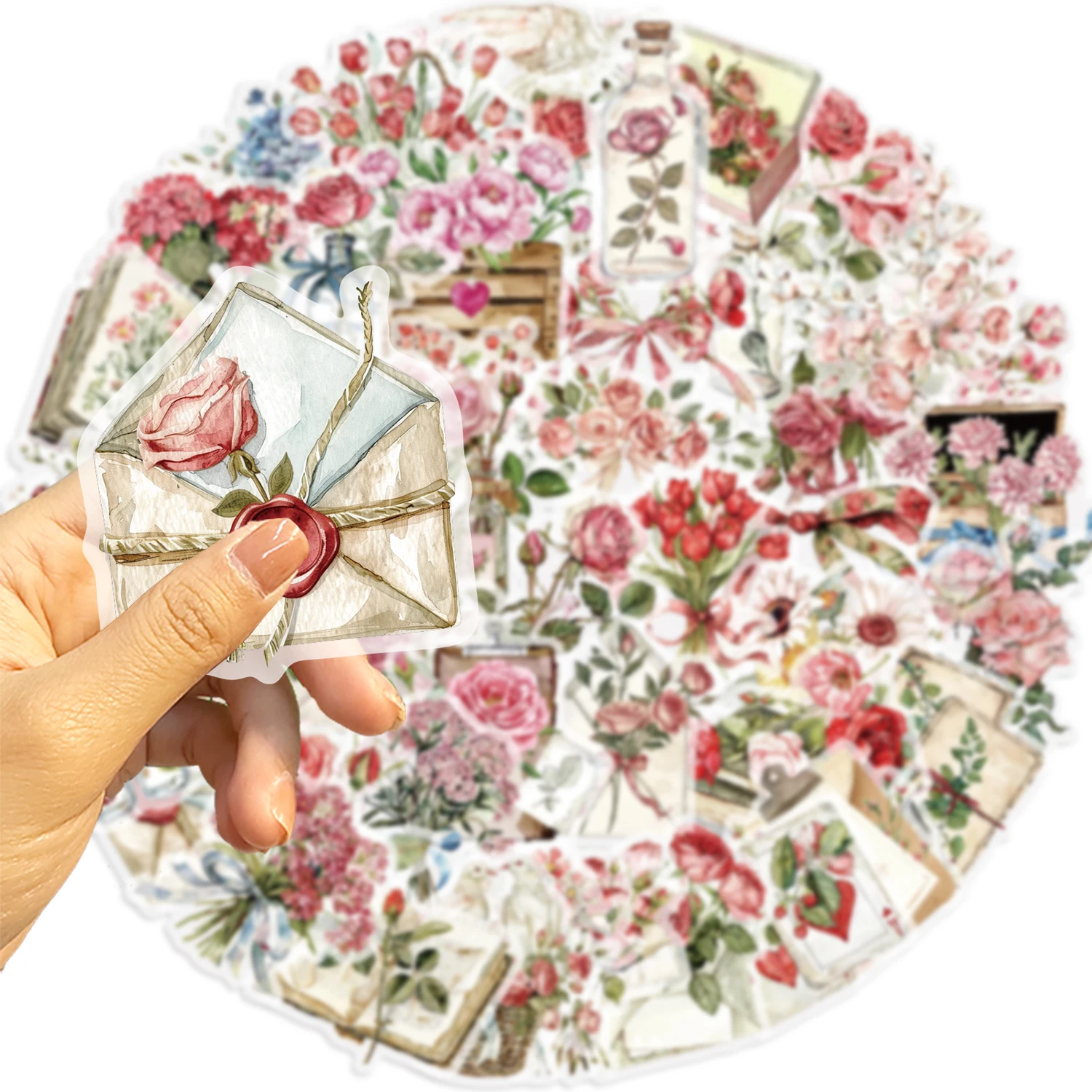 50 szt. Naklejek z kreskówkowymi kwiatami i literami, różowe róże, plastikowe naklejki dekoracyjne, materiały do prowadzenia ksiąg, dekoracyjne naklejki PET, wodoodporne.