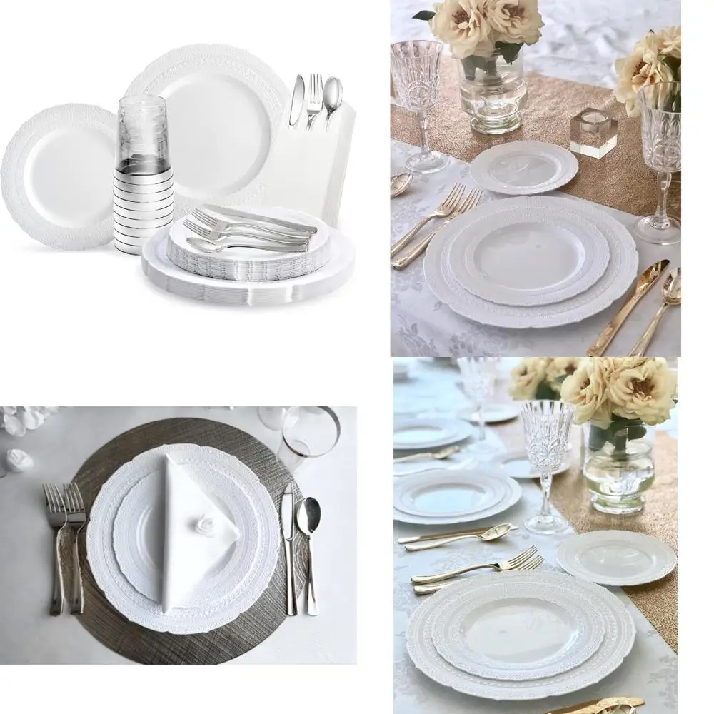 

Vintage-Style Heavyweight Disposable or Reusable Plastic Plates Set for 25 Guests - 11 and 8.25 Sizes, Ideal for Weddings and Sp