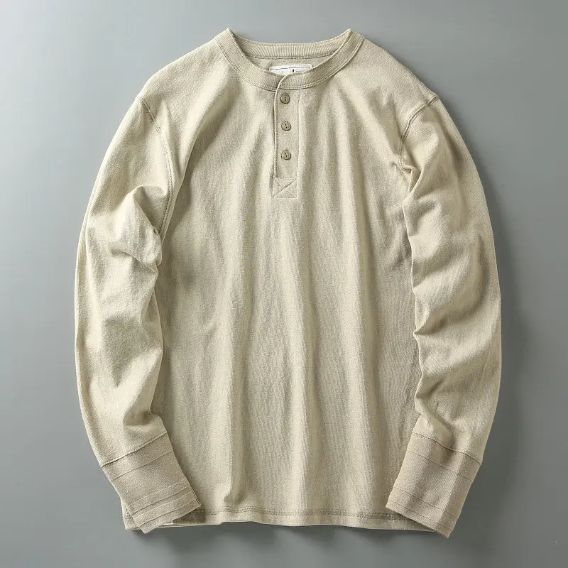 

American Retro Shirt Cotton Henry Collar Long Sleeve T-shirt Men Cotton Slim Pullover Shirt Clothes for Man Menswear Clothing