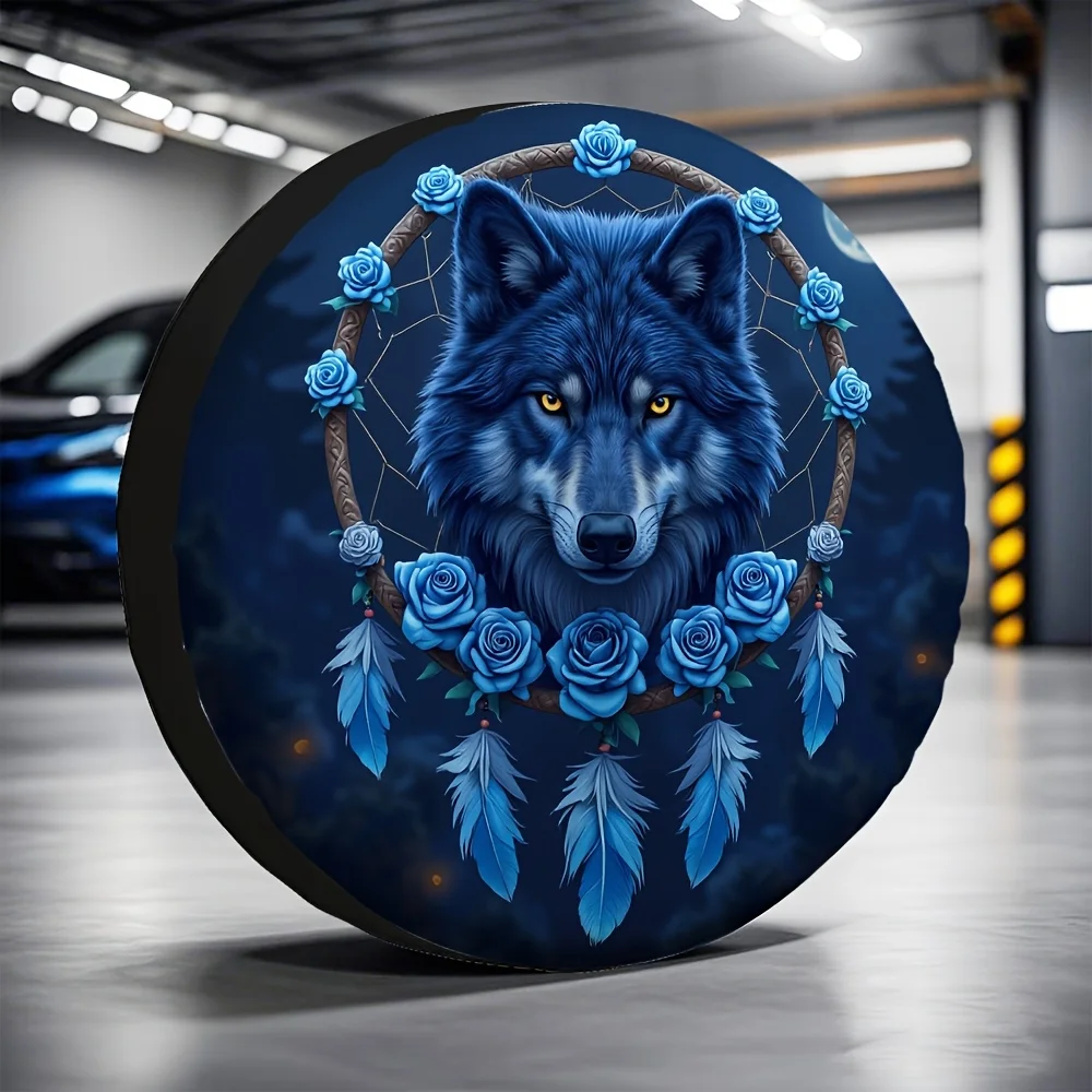One Piece Of 2D Flat-Printed Car Tire Covers Featuring A Blue Wolf Design, Made From Durable 100% Polyester Fabric, Suitable For