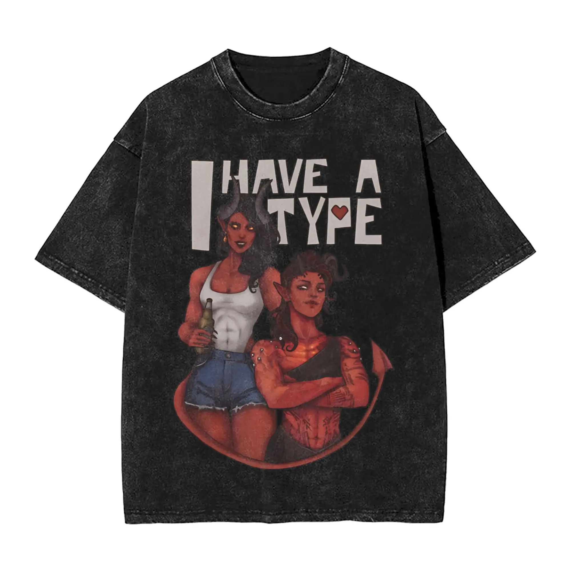 Dispatch Malevola and Karlach T Shirts Washed Cotton Oversize T-Shirts I Have a Type for Men Women Tops Streetwear Printed Tees