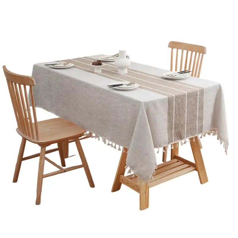 Waterproof Cotton Linen Tablecloth for Rectangle Tables Rustic Neutral Tone Fringed Design 140x180cm-140x300cm Indoor Outdoor