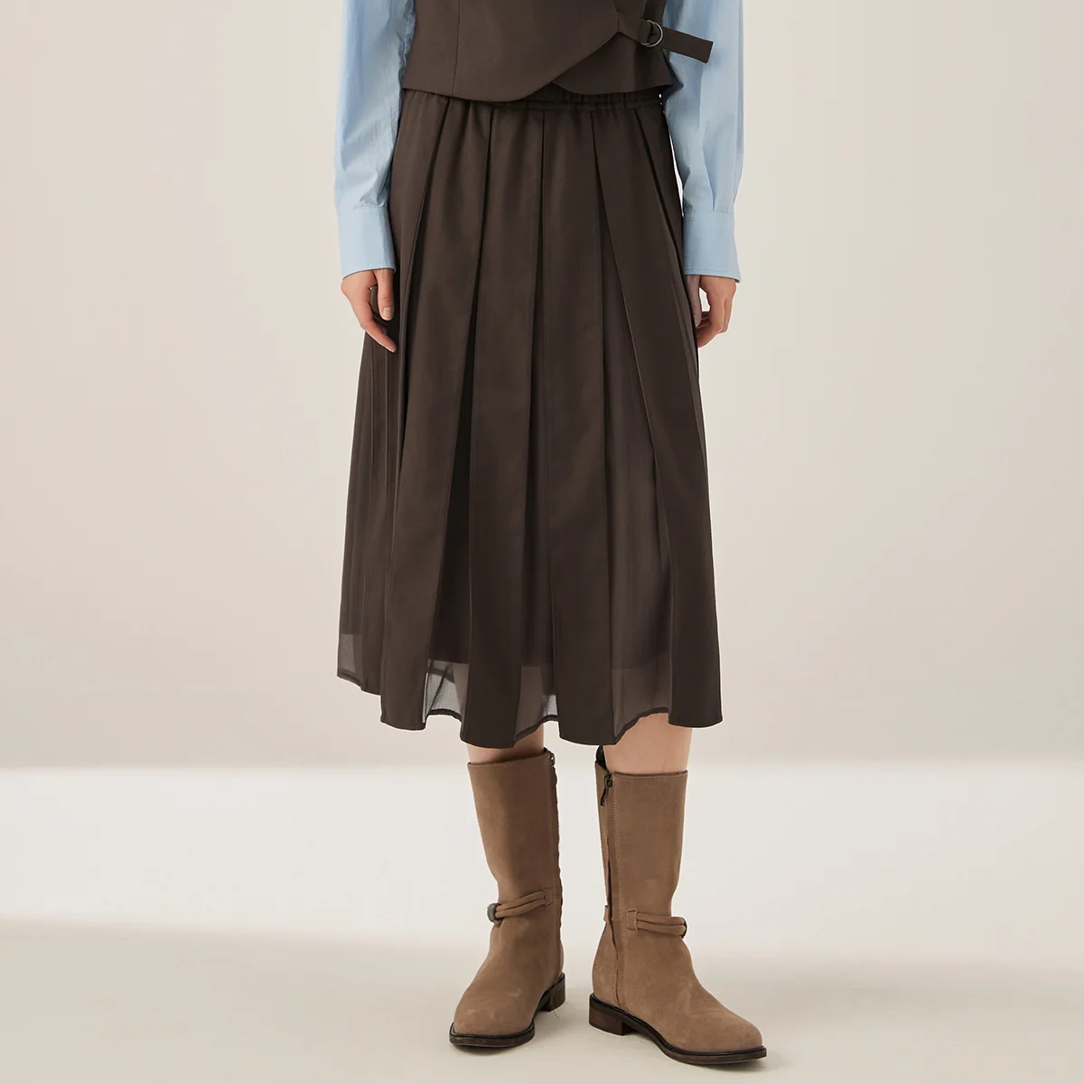 KL7523327 Eleganter, plissierter Midirock für Damen, Chiffon, A-Linie, Wollmischung, Herbstkleidung