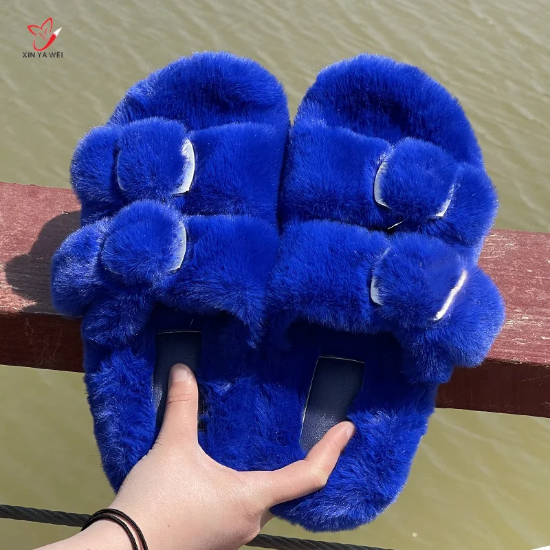 2024 Winter Faux Fur Slippers Women Fluffy Slipper Warm Shoes Woman Slip On Flats Female Slides Pink Cozy Outdoor Furry Slippers