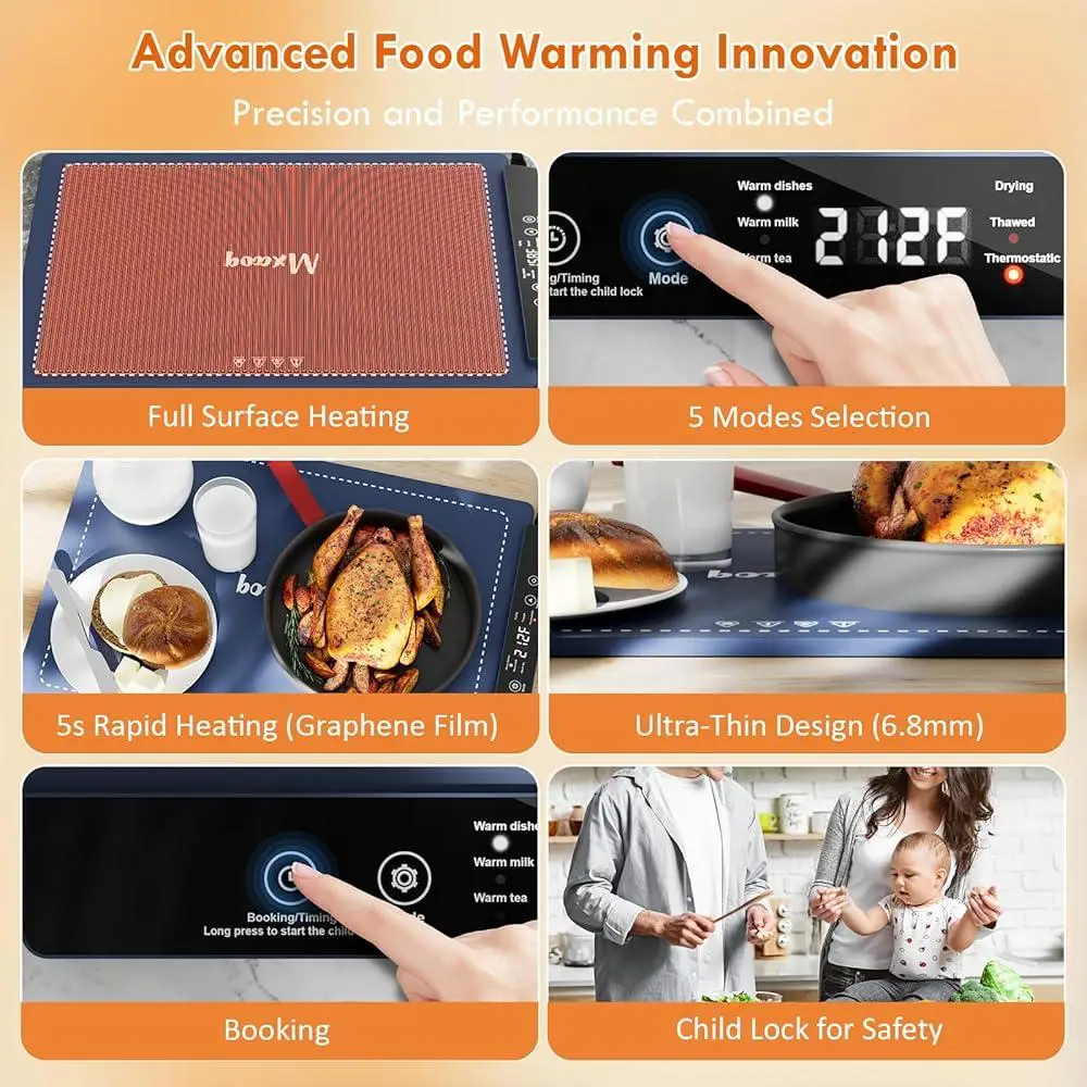 Electric Food Warming Tray Silicone Heat Mat with 8 Adjustable Temp Settings Fast Graphene Heating Compact Foldable Design Touch
