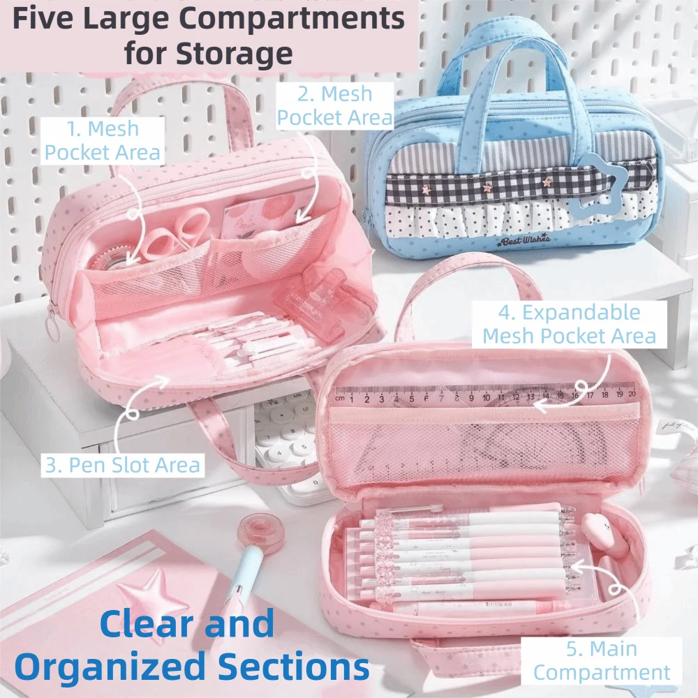Creative Polka Dot Pen Bag Polka Dot Printed Large Capacity Handheld Pencil Case Zipper Multi-Compartment Pencil Organizer