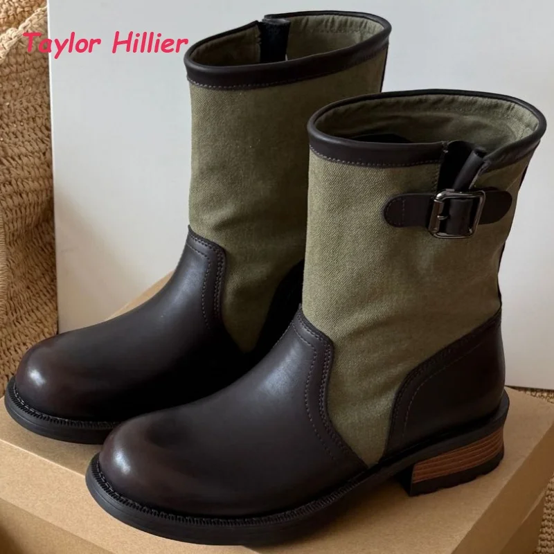 

Round Toe Block Heel Ankle Boots Women Fashion Buckle Strap Leather Canvas Patchwork Stylish Casual Outdoor New Arrival Shoes