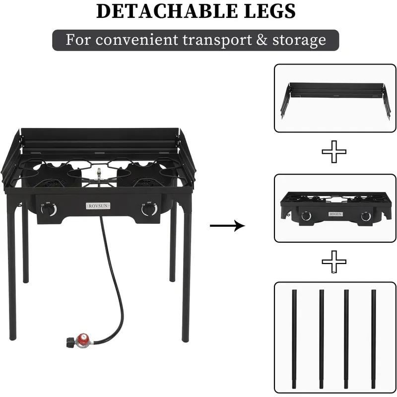 2-Burner Outdoor Portable Propane Burner Stove 150000-BTU Gas Cooker with Windscreen and Carrying Bag Heavy Duty Iron Cast