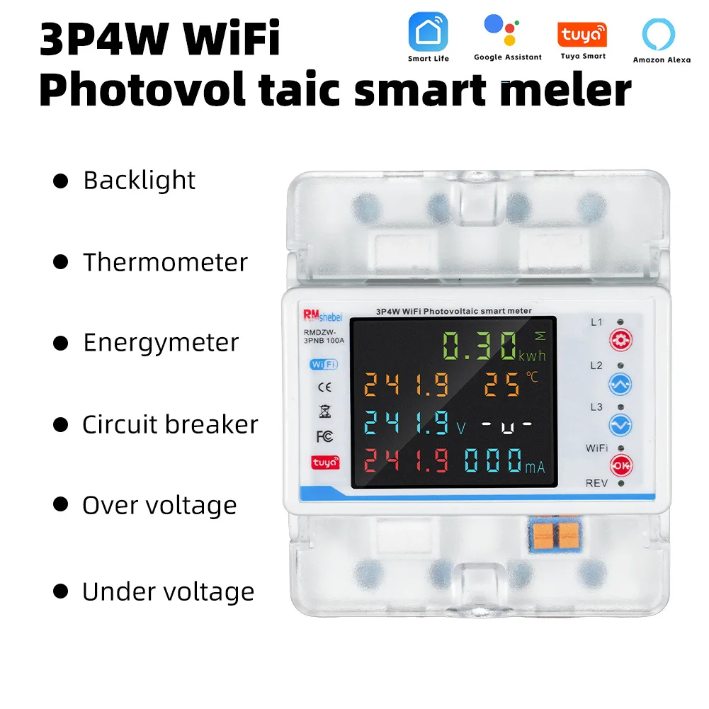 Tuya WiFi Intelligent Circuit Breaker Automatic Reclosure Protector 3-phase 4-wire Power Meter Switch LCD Display Energy Meter