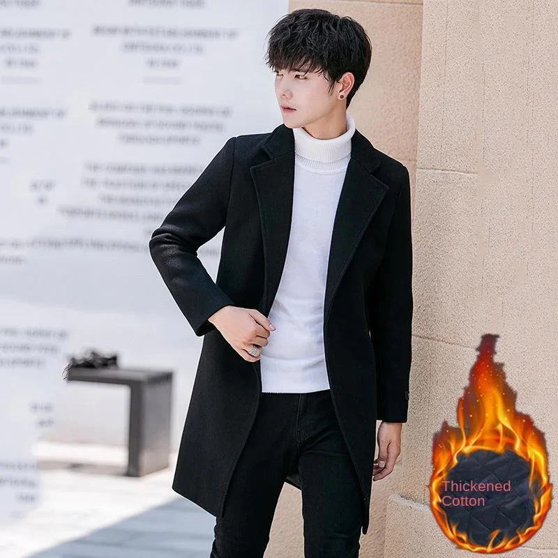 2023 New Woolen Coat Men\'s Autumn and Winter Windbreaker Men\'s Mid length Korean Slim Fit Woolen Coat Coat