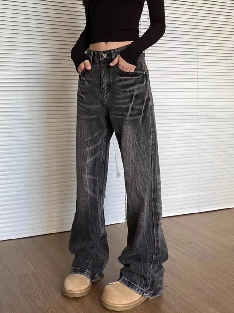 Women's Vintage Washed Distressed Cracked Jeans Y2K Vintage Sense High Waisted Straight Trouser Streetwear Wide Leg Denim Pants