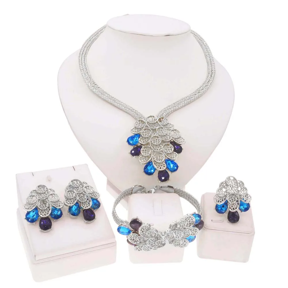 Brazilian Gold Plated Women's Jewelry Necklace Set Pure Copper Material Blue Rhinestone Necklace Earrings Ring Wedding Set