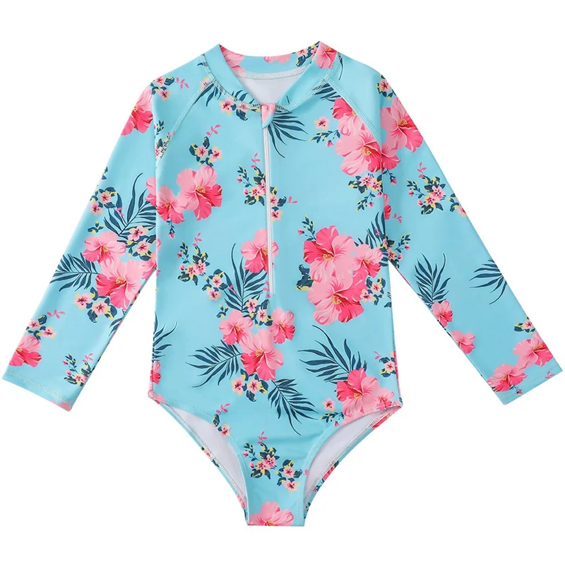 Costume da bagno intero a maniche lunghe per ragazze Sweet Cartoon Print Zipper body Swimwear protezione solare abbigliamento da spiaggia per 5-12