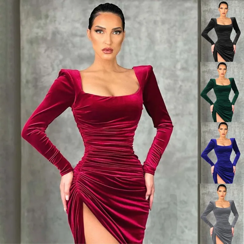 Elegant Women Corset Party Dress Autumn Winter Sexy Fashion Long Sleeve High Waist Ruched Slit Evening Gala Long Dress Robe Prom