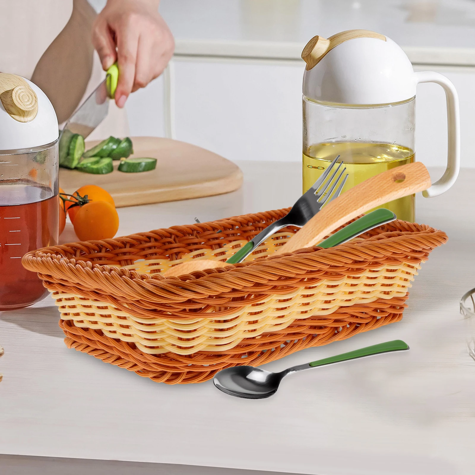 

30cmx20cmx7cm Imitation Rattan Tableware Basket Kitchen Cutlery Storage Rectangular Woven ganizer Basket for Forks Spices