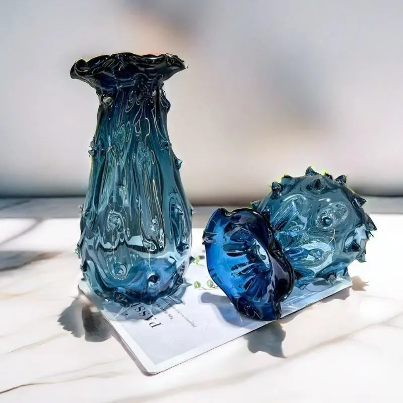 Blue Glass Vase Wave Creases Flower Arrangement Hydroponic Accessories Terrarium Flowerpot Home Decoration Accessories