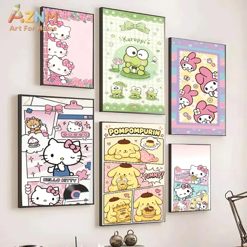 `Hello Kitty Sanrio Kawaii Canvas Wall Art Unframed Poster For Girls Room Flower Brick Sweet Aesthetic Bedroom Dorm Wall Decor`