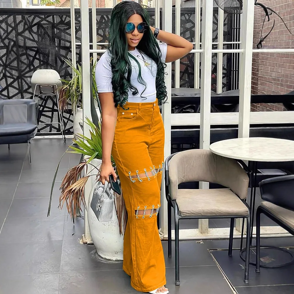 Jeans Women Straight Pants Chain Washed Vintage Hollow Out Denims Streetwear Female Floor Length Distressed Denim Trousers