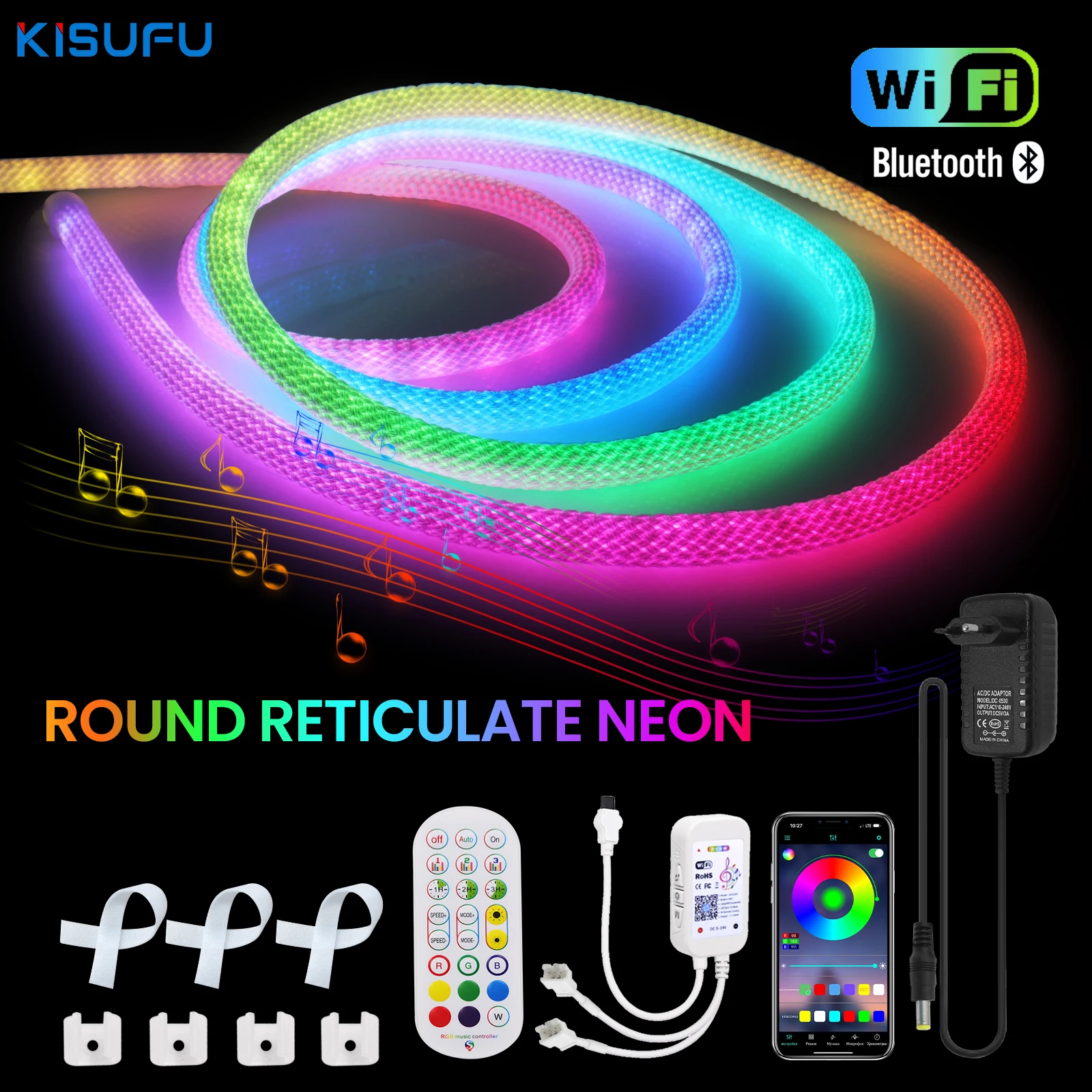 Rodada Reticulada Neon LED Strip Kit, RGB, Wi-Fi, Bluetooth, impermeável, 360 graus, flexível, fita de luz de silicone, DC 5V, 50LEDs por m, WS2812B