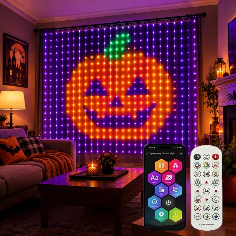 Smart APP Controlled RGB LED Curtain Lights, Programmable DIY Pattern & Text Display, Music Sync Fairy String Lights for Halloween Christmas Window Wall Holiday Decor