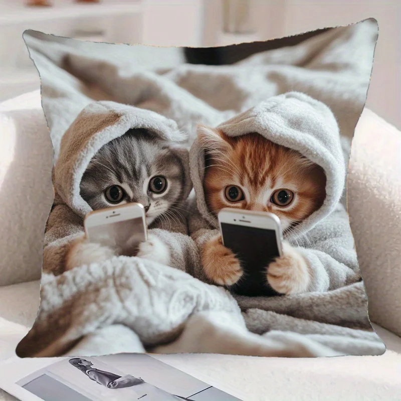 1pc Cats In Pajamas Playing Phone Cute Themed Printed Throw Pillow Cover, Suitable for Sofa, Bedroom, Living Room, Gaming Room,