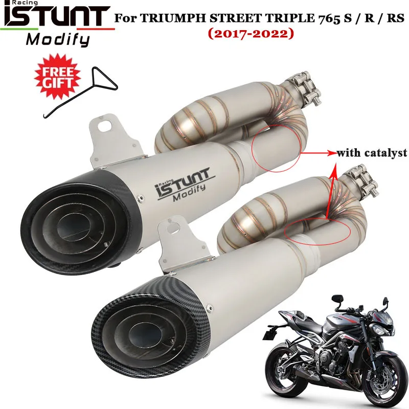 

For TRIUMPH STREET TRIPLE 765S/R/RS 2017-2022 Motorcycle Exhaust Escape Link Pipe Double Catalyst Carbon Fiber Muffler DB Killer