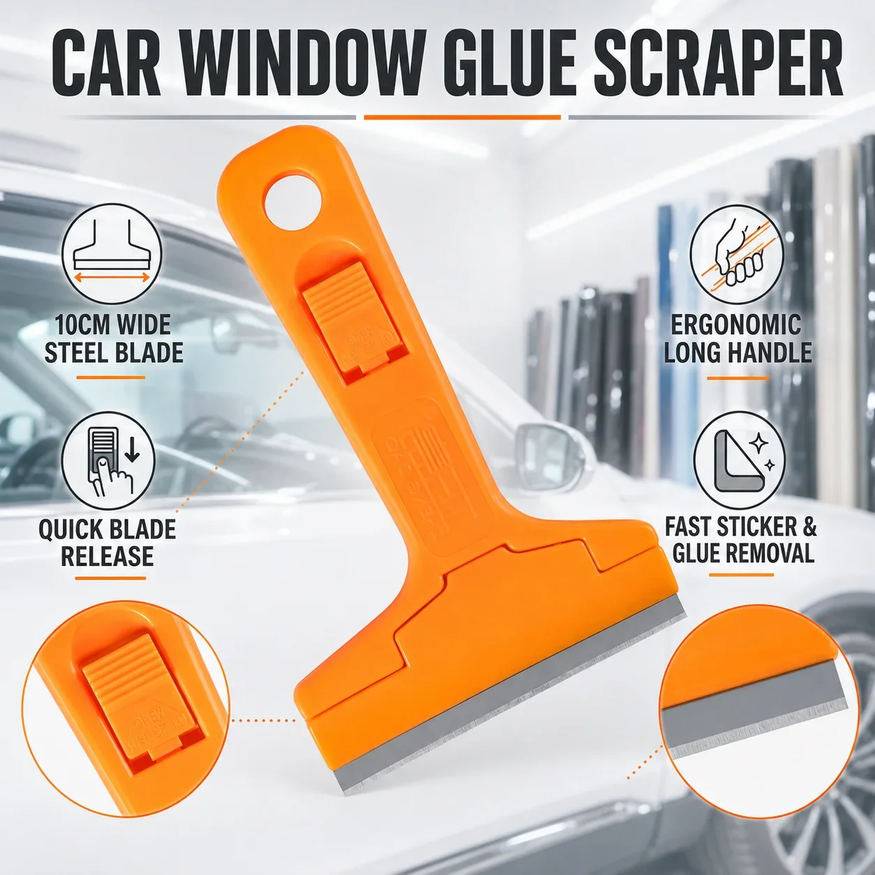 10cm Wide Steel Blade Glass Scraper with Long Plastic Handle and Quick Blade Release for Sticker Glue Removal Car Cleaning Tool
