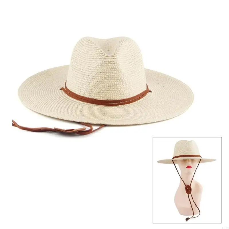

L5YA Handmade Weaving Straw Hat for Adult Unisex Beach Hat Holiday Camping Beach Getaways Sun Hat with Adjustable Chin Rope