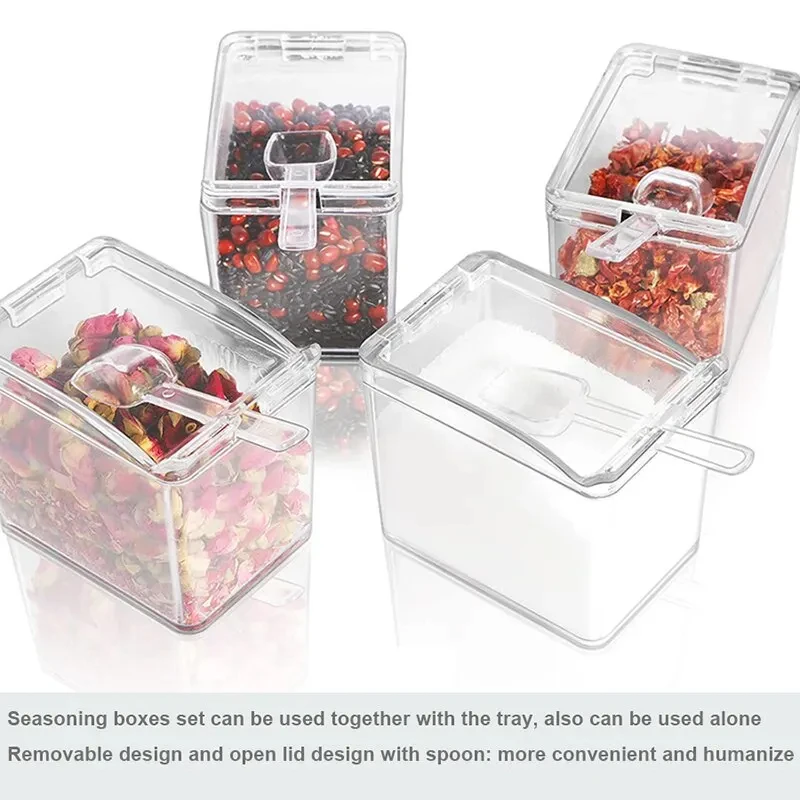 4 Pieces Kitchen Clear Seasoning Box Storage Container Condiment Jars Acrylic Seasoning Box with Cover and Spoon