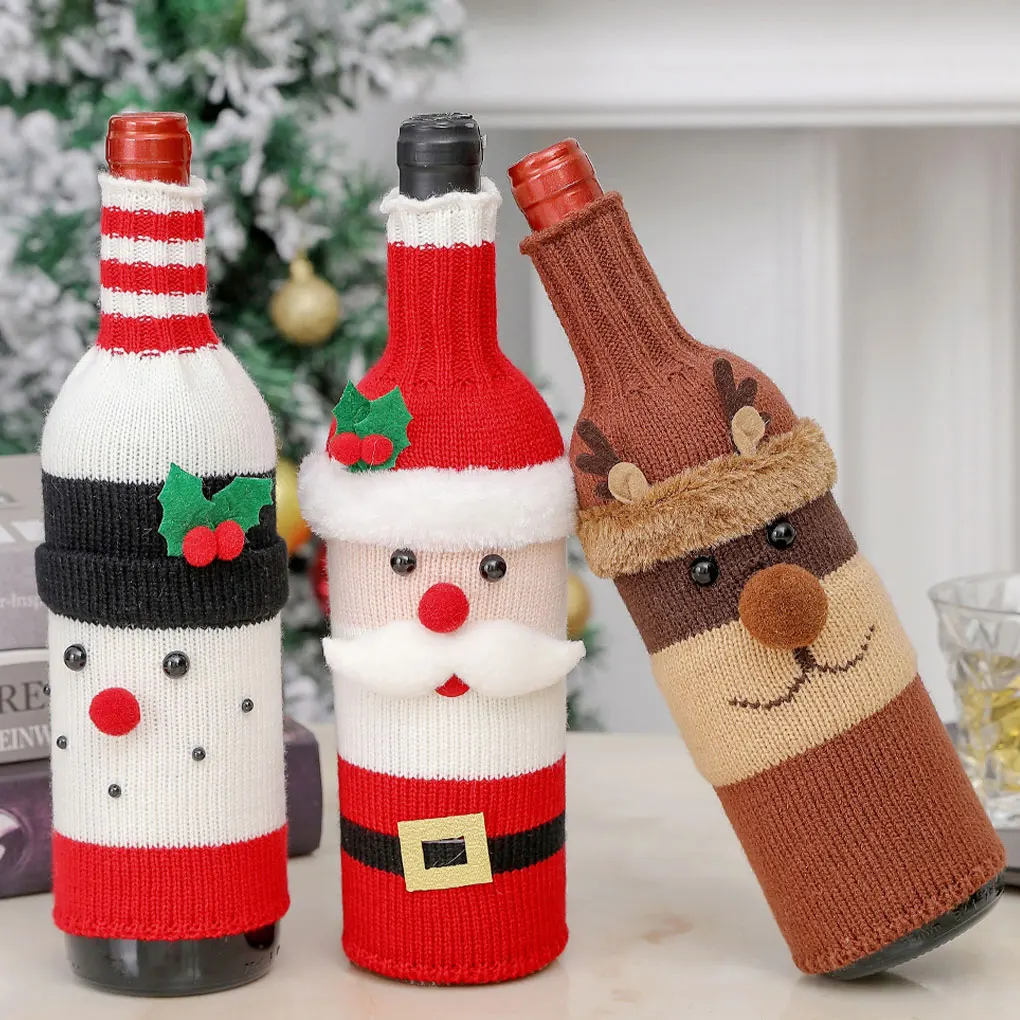 Christmas Wine Bottle Cover Set Santa Snowman Woven Wine Bottle Bags For Christmas Party Dinner Table Decorations New Year Gifts