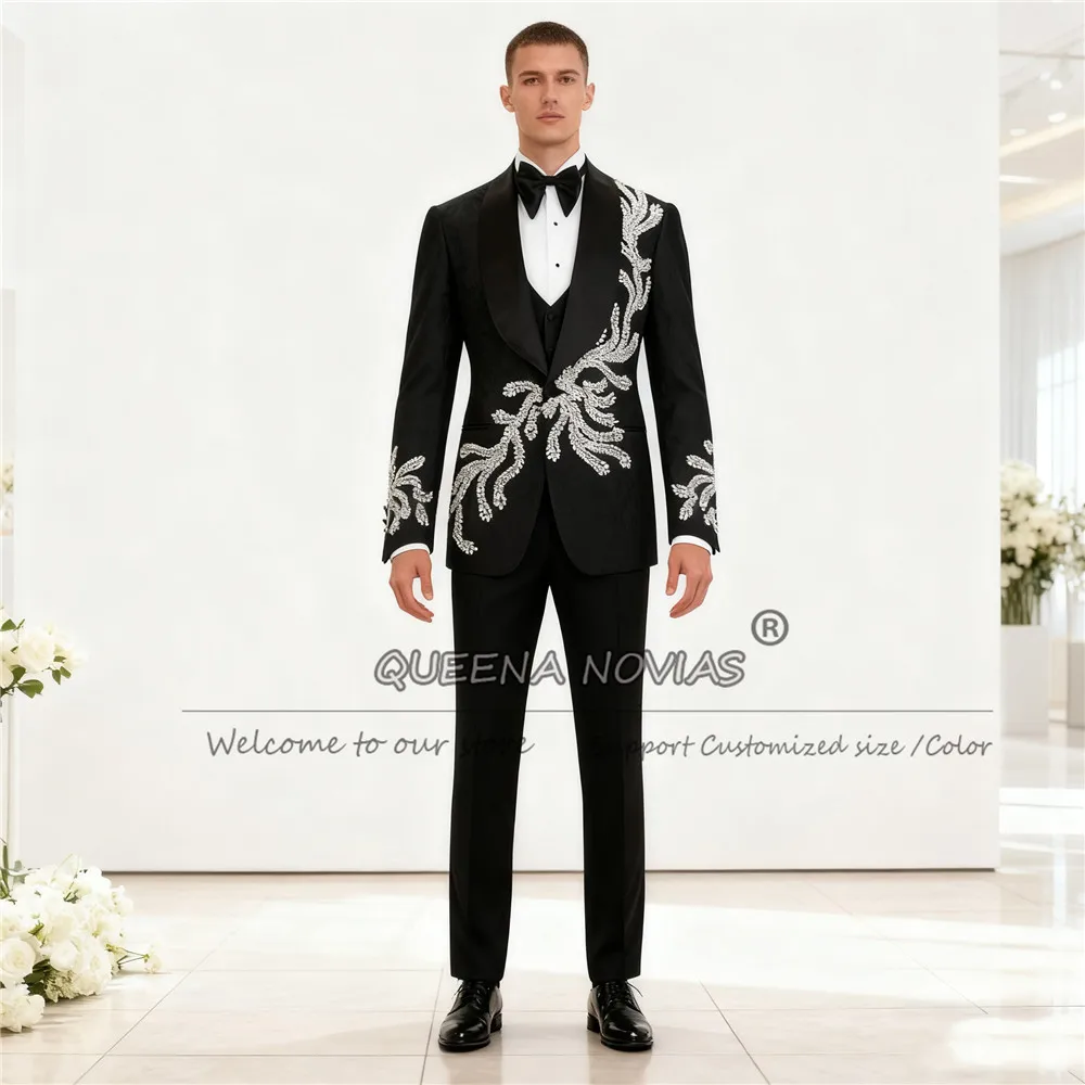 

Эксклюзивные свадебные костюмы для жениха с камнями из бисера для мужчин, комплект из трех предметов, пиджаки для выпускного вечера с шалью и лацканами, индивидуальный костюм Homme, банкетный смокинг