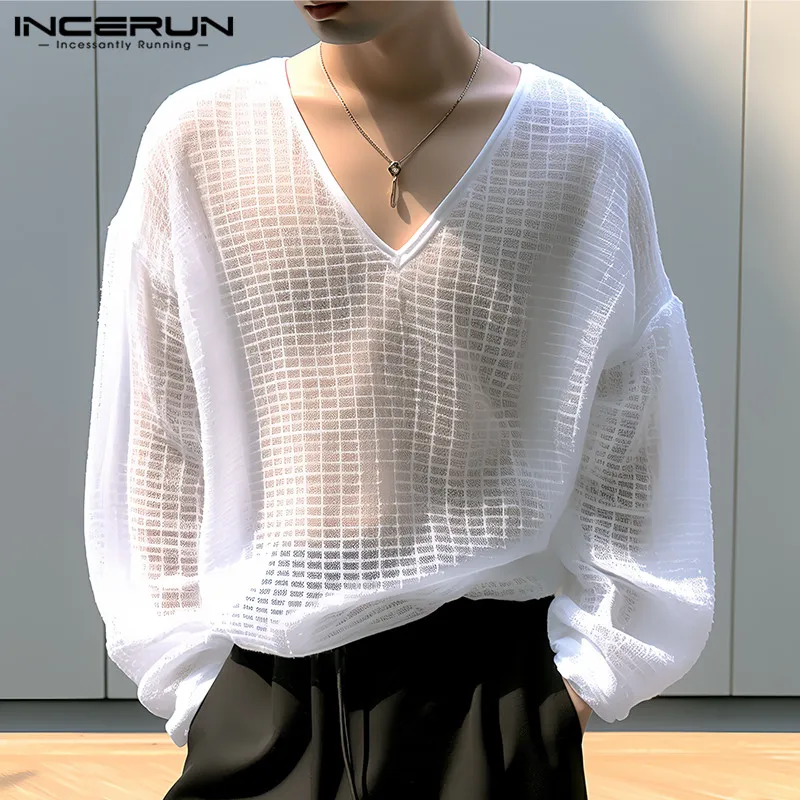 Stylish Casual Style Tops INCERUN New Mens Solid Checkered Perspective T-shirts Male V-neck Shoulder Long Sleeved Camiseta S-5XL