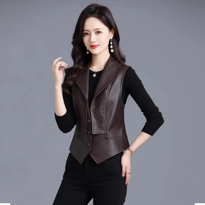 เสื้อกั๊กหนังเทียมผู้หญิง แฟชั่นฤดูใบไม้ผลิและฤดูใบไม้ร่วงใหม่ ทรงเข้ารูป แจ็คเก็ตหนังแบบไม่มีแขน สไตล์ลำลอง เสื้อกั๊กหนัง PU แบบสั้น เนื้อนุ่ม