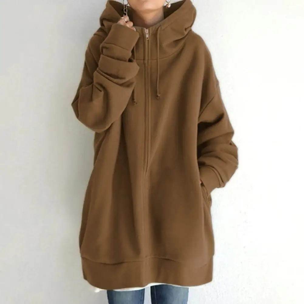 Overs ize Frauen Sweatshirts Hoodies Winter Reiß verschluss lange Tasche Jacken Mantel Hoody Damen Kapuze Streetwear Harajuku Fleece Outwear