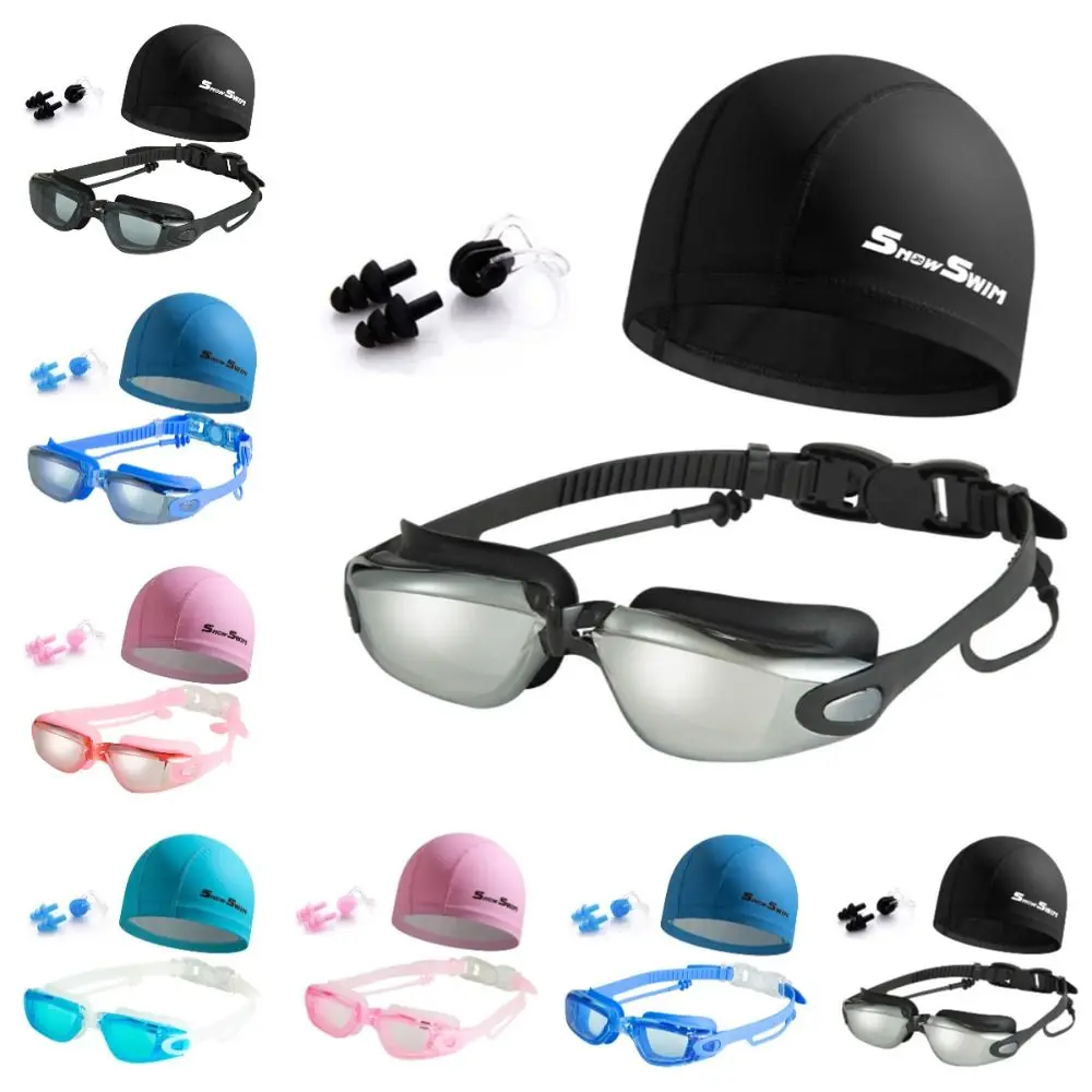 Anti-fog Adult Swimming Goggles Set with Nose Clip, and Ear Plugs UV Protection Silicone Swim Cap Ultralight Anti-leakage